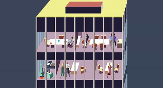 colorful illustration of a commercial office building with employees